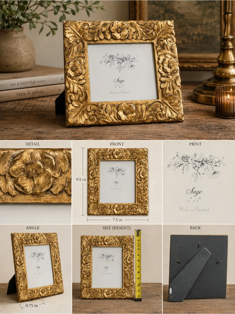Gold Floral Picture Frame 5x7 Ornate Baroque Style Cottage Chic Decor